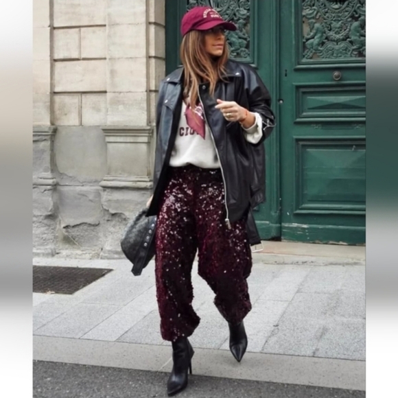 Zara Set Sequin Barrel Pants & Top With Faux Fur Hem NWT - Picture 4 of 16